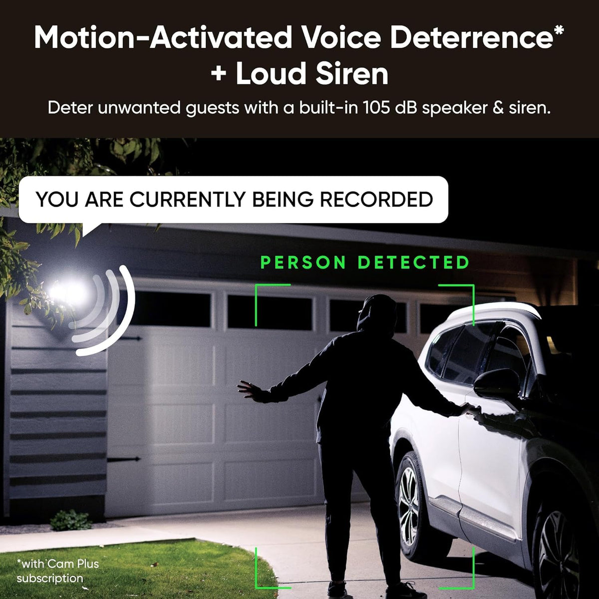 Wyze Floodlight Camera V2 two-way talk and 105dB siren support deterrence.