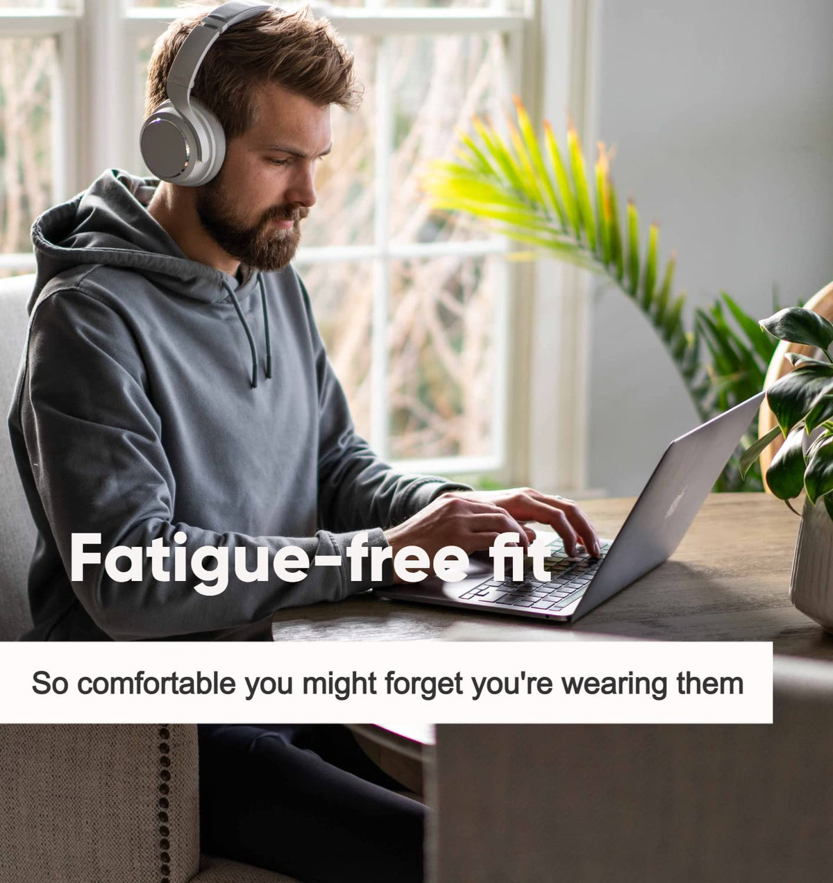 Wyze headphones charging with up to 20 hours of wireless use.