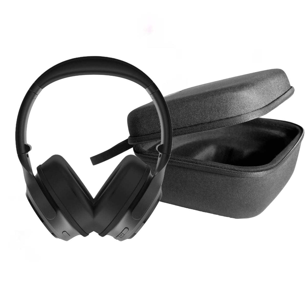 Wyze Noise Cancelling Headphones in an open travel case, ready for protection.