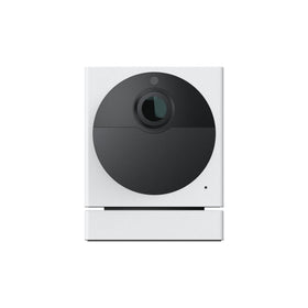 WYZE camera front view showing compact weatherproof body and clear lens benefit