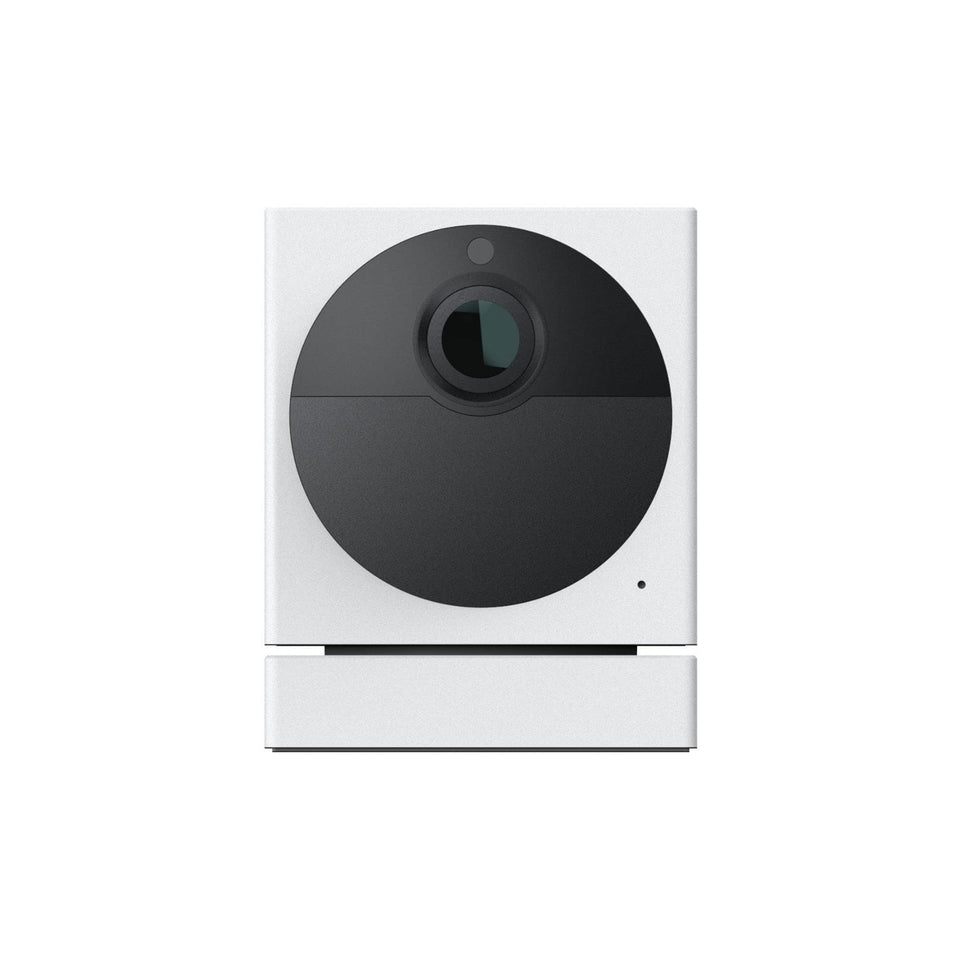 WYZE camera front view showing compact weatherproof body and clear lens benefit