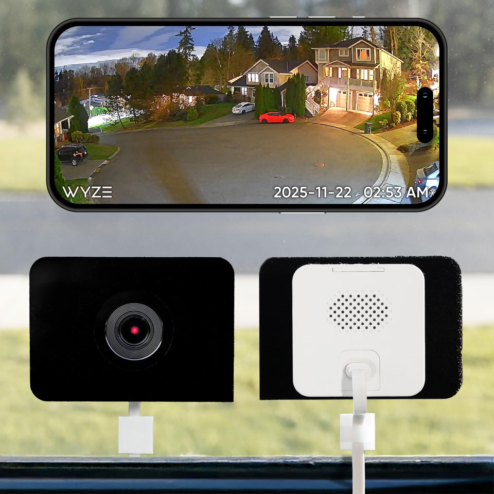 Wyze front view showing compact camera body and clear lens for easy placement
