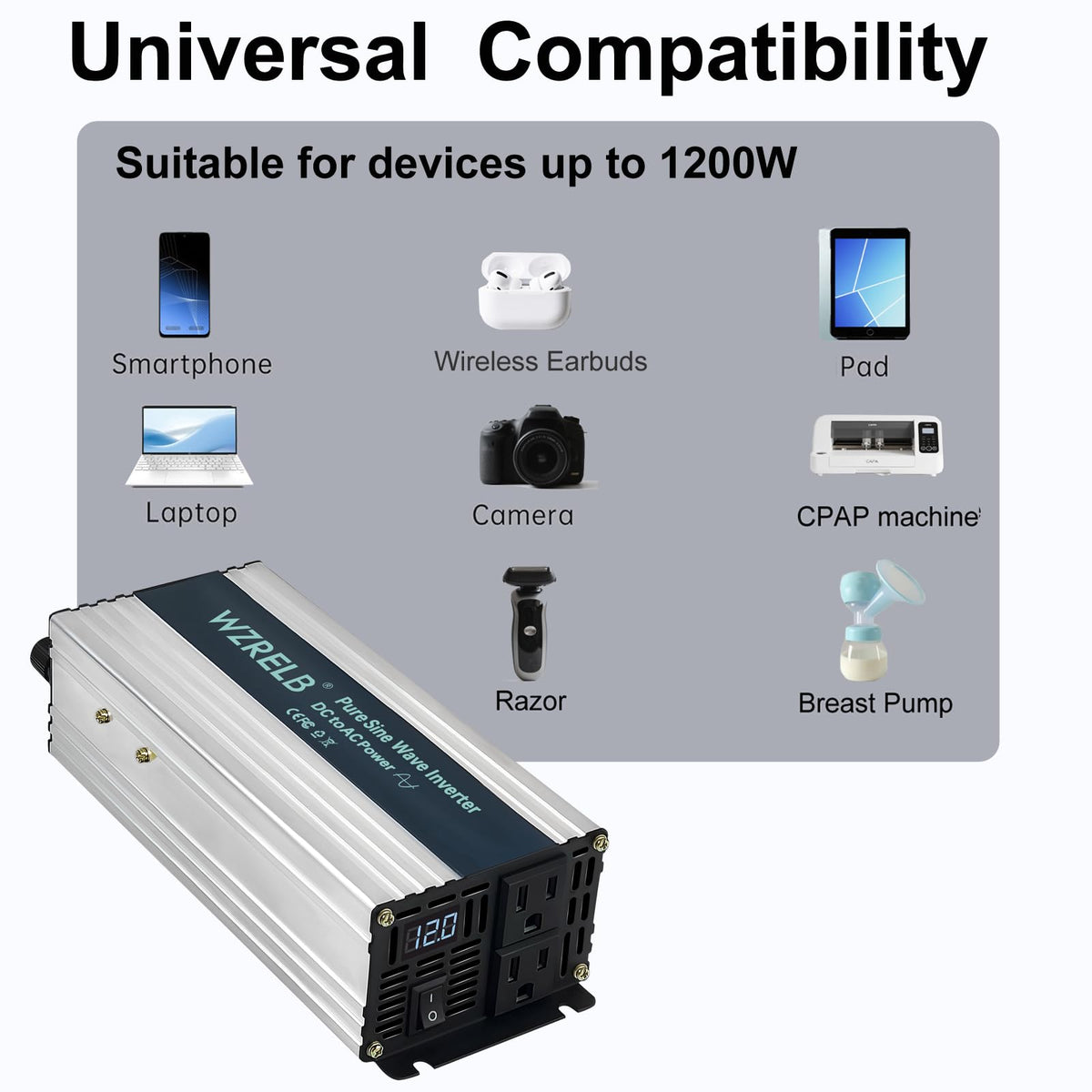 WZRELB 1200W inverter aluminum housing for durable cooling during operation