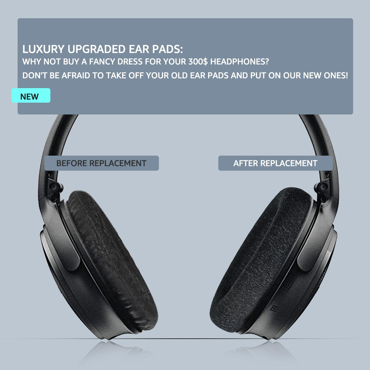 Wzsipod replacement kit image shows no-tools fit and extended headphone life.