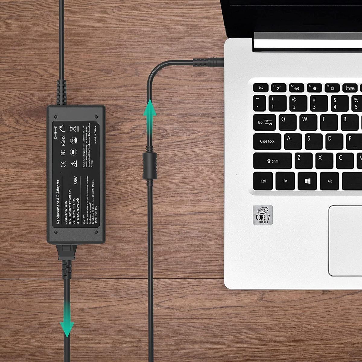 WZXHU 65W charger, connector closeup, 5.5mm x 1.7mm plug for reliable charging.