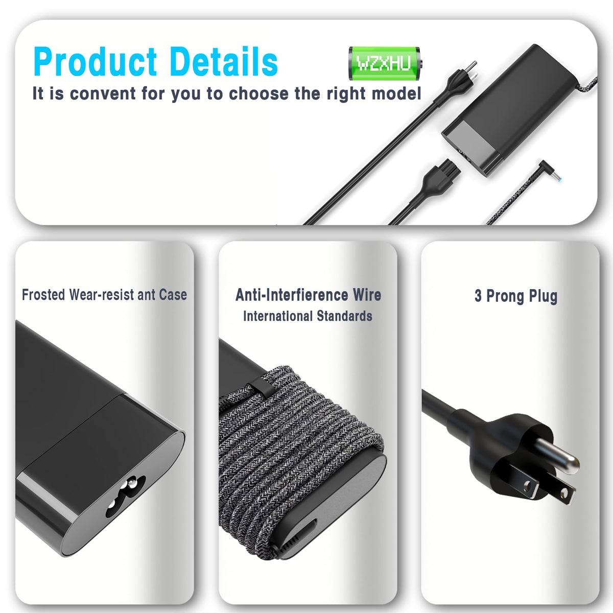 WZXHU power cable and plug displayed for easy out-of-box setup
