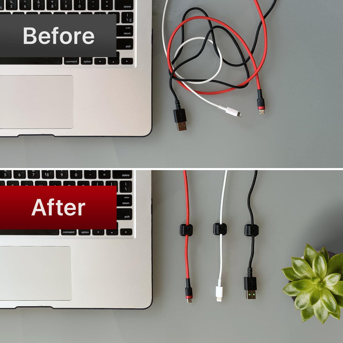 X-Protector magnetic cable organizer on the desk reduces clutter and improves workflow.