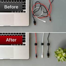 X-Protector magnetic cable organizer on the desk reduces clutter and improves workflow.