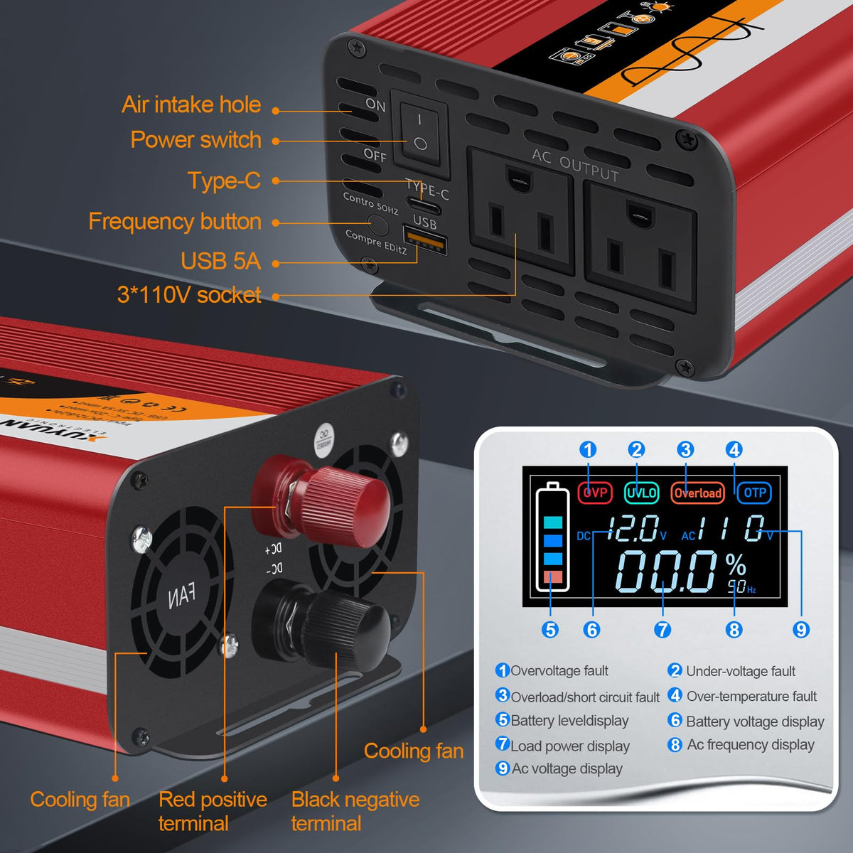 X XU YUAN inverter shows 12V/24V auto-detect on display