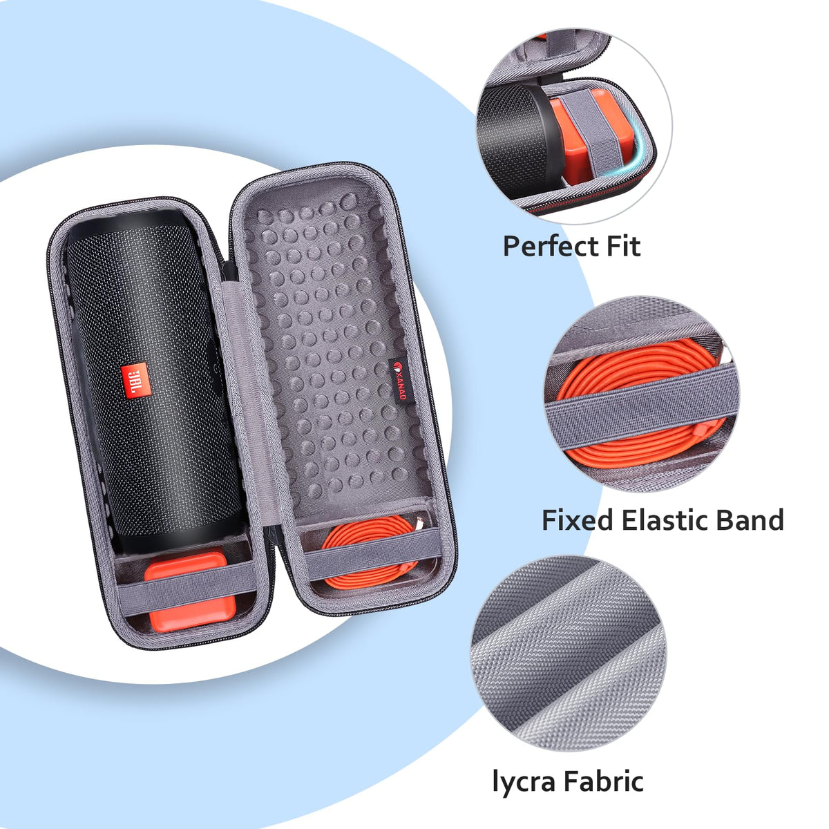 XANAD case for JBL Flip side pocket open highlights extra storage for cables
