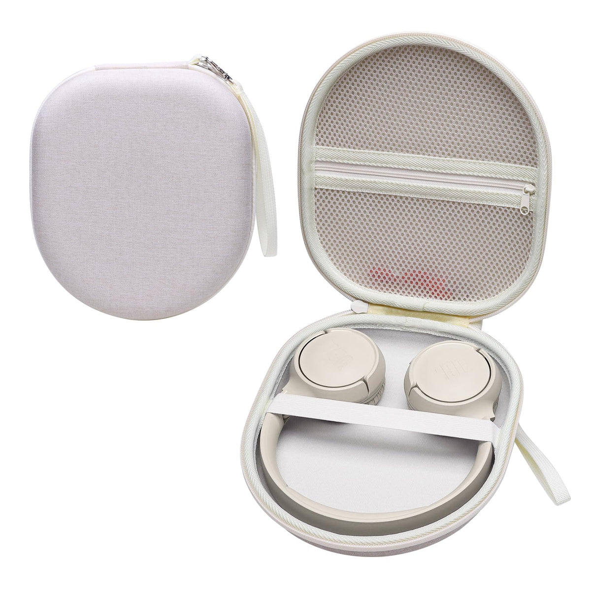 XANAD cream case front view showing structured shell and zipper for protection