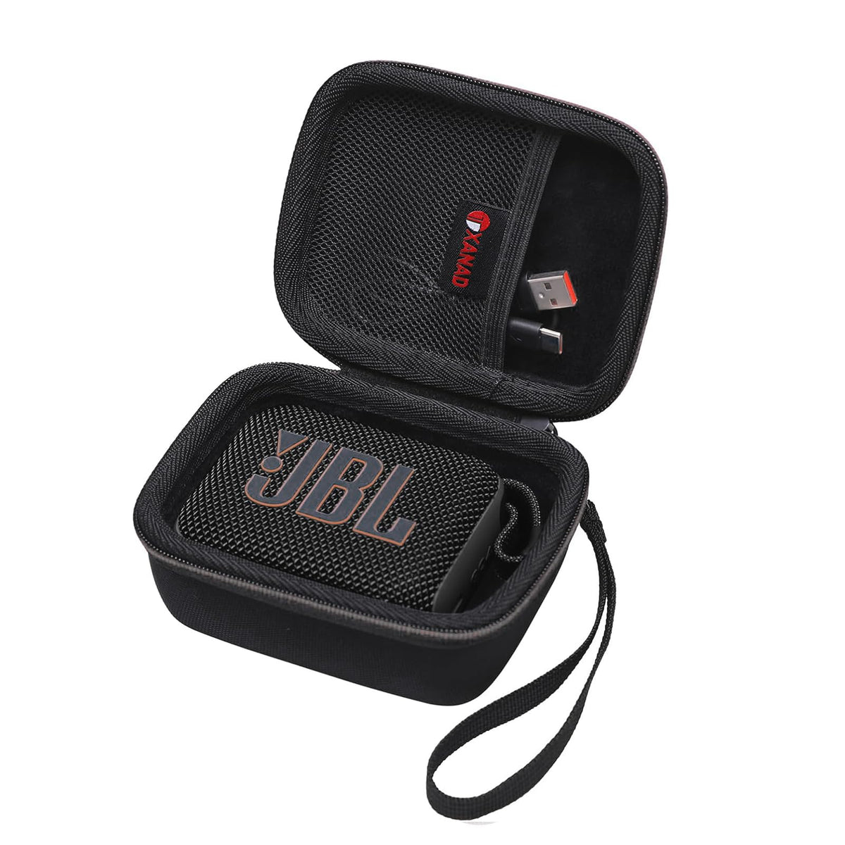 XANAD front view of black case protecting JBL Go speaker with travel-ready protection
