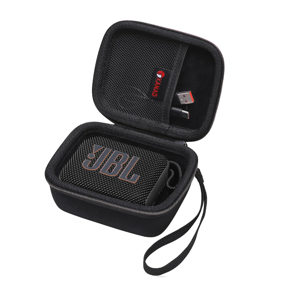 XANAD front view of black case protecting JBL Go speaker with travel-ready protection