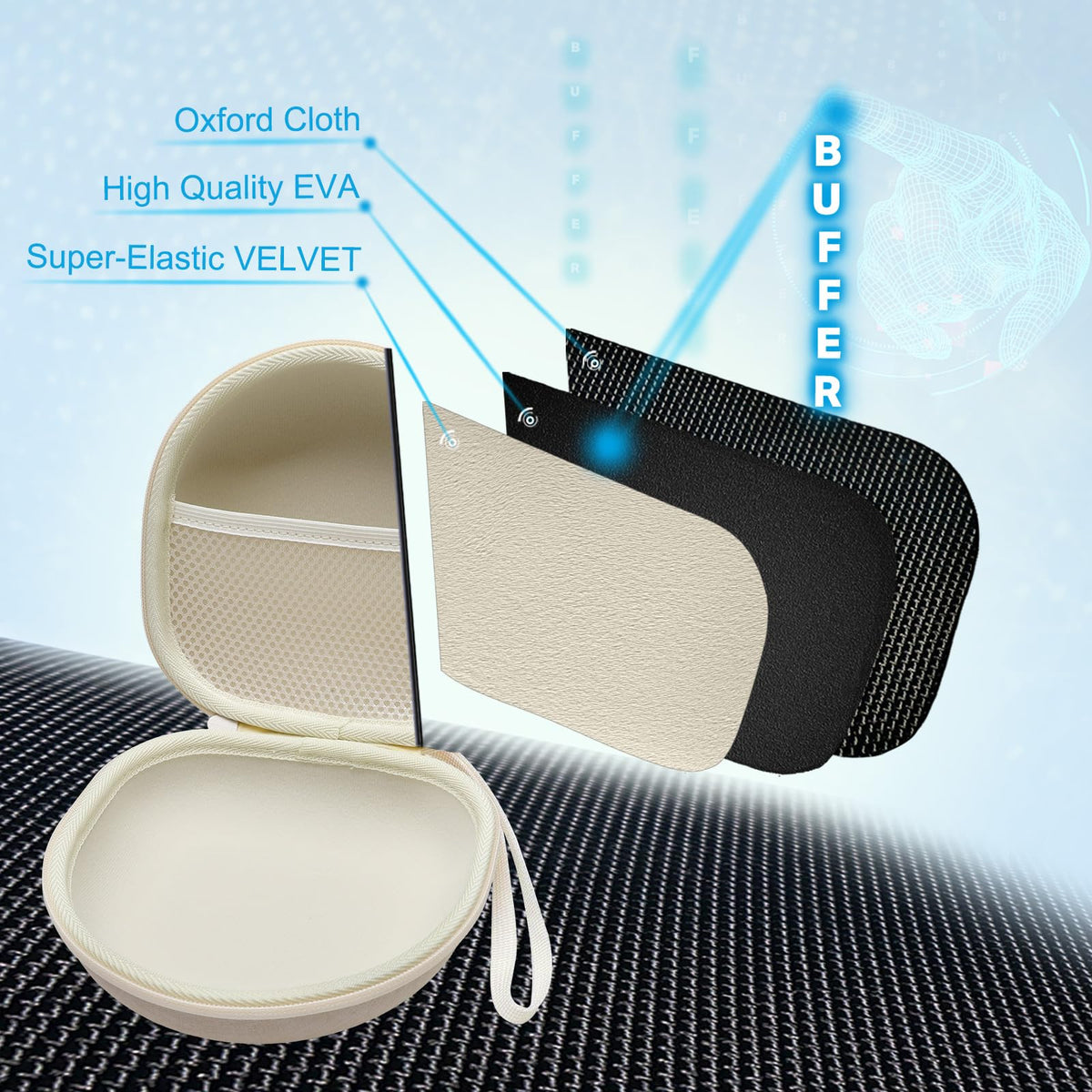 XANAD cream case highlighting compact exterior dimension for backpacks and luggage.