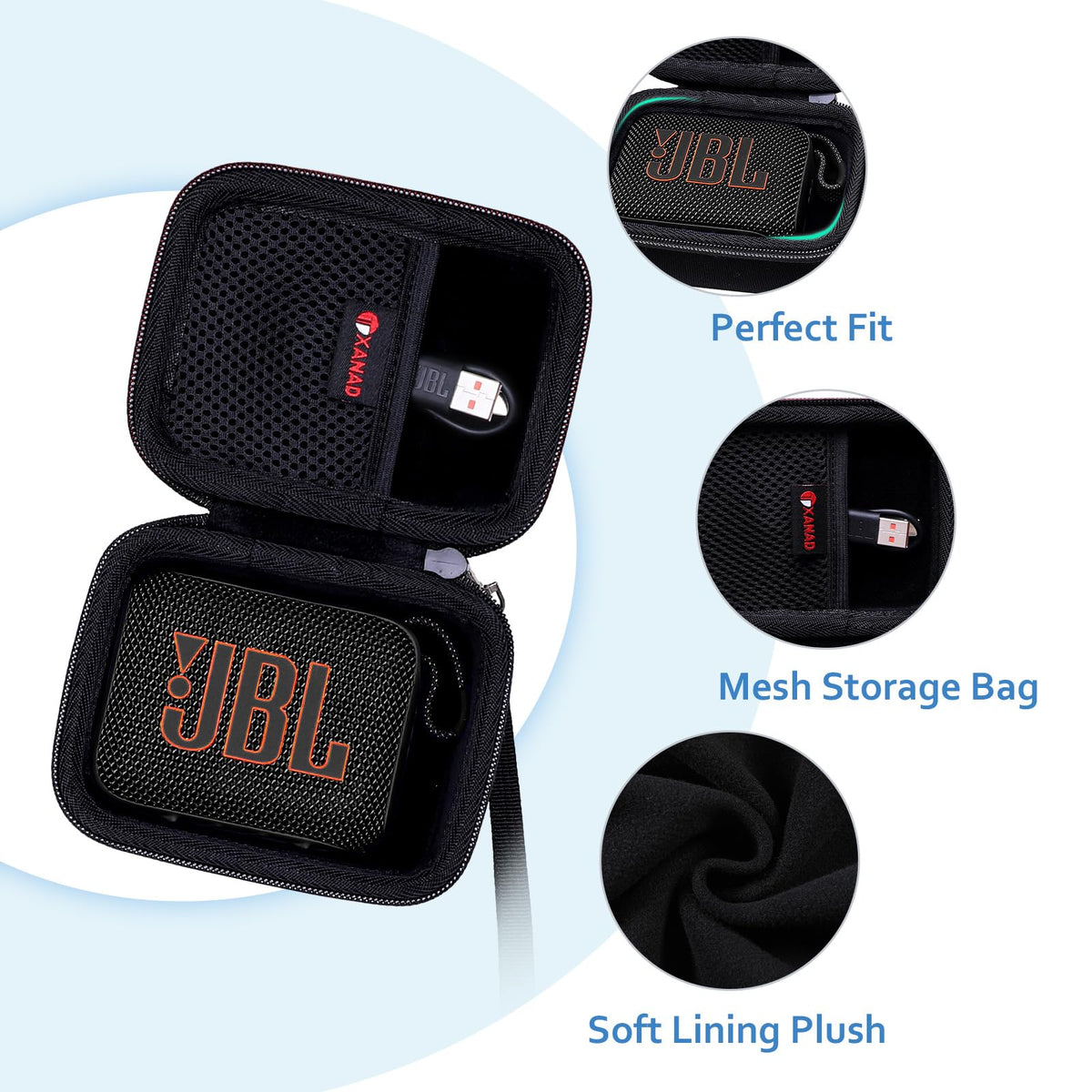 XANAD close-up of interior mesh pocket organizing cables and accessories neatly