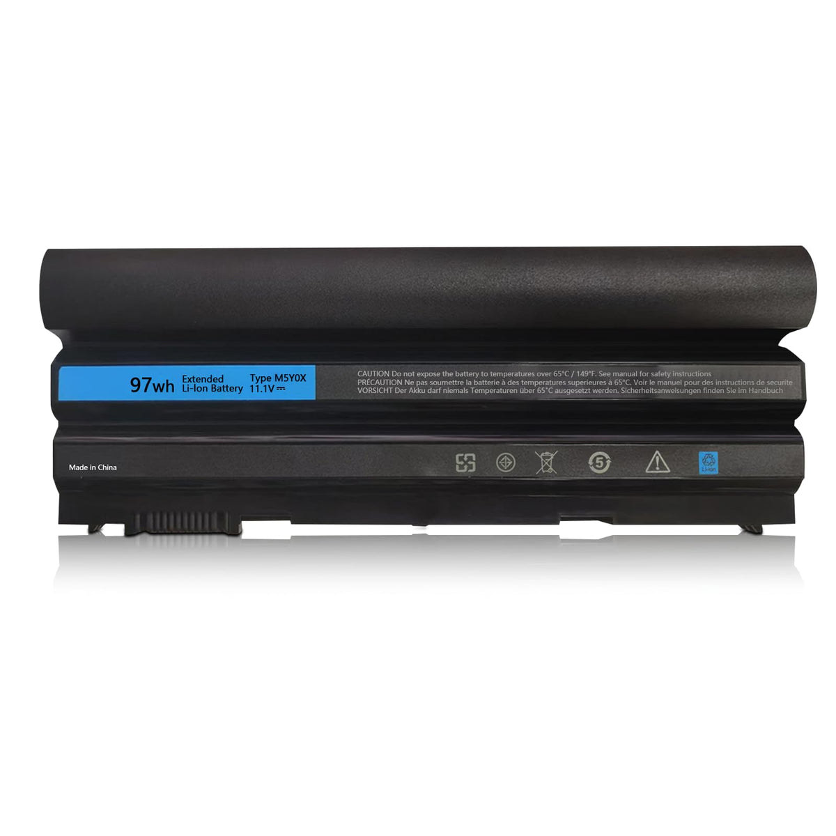 Xaocaige M5Y0X 97Wh battery close-up, high-capacity replacement for Dell laptops.