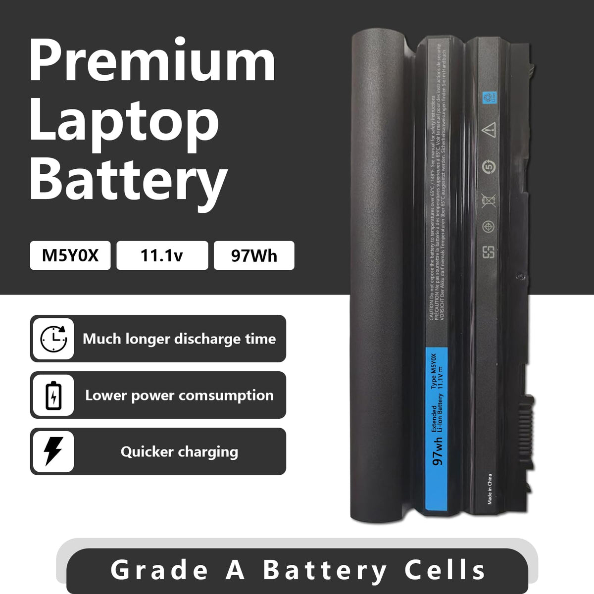 Xaocaige M5Y0X 97Wh battery side view, slim profile for Dell laptops.