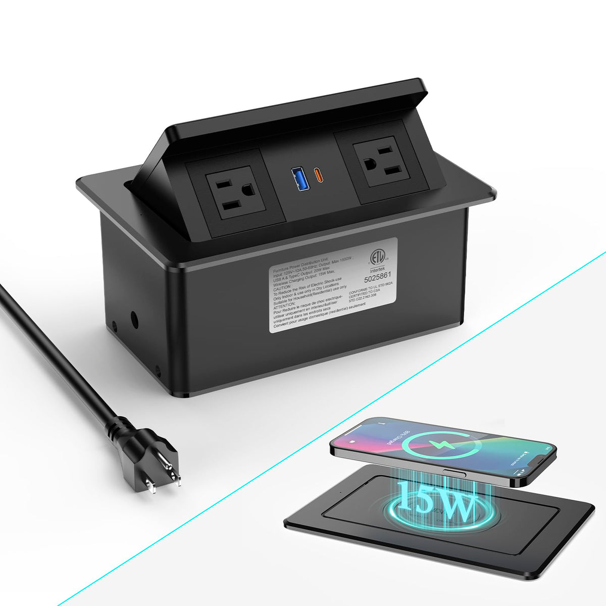 XBA front view of pop up outlet showing neat recessed design and built-in ports