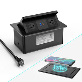 XBA front view of pop up outlet showing neat recessed design and built-in ports