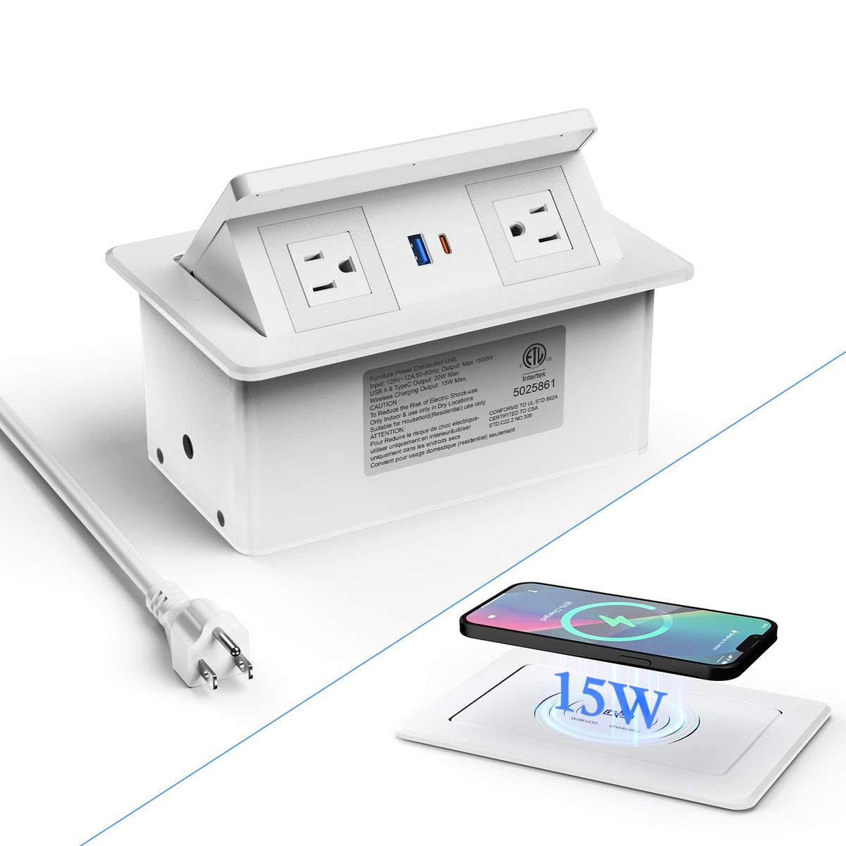 XBA front view of pop up outlet showing clean recessed design and quick access