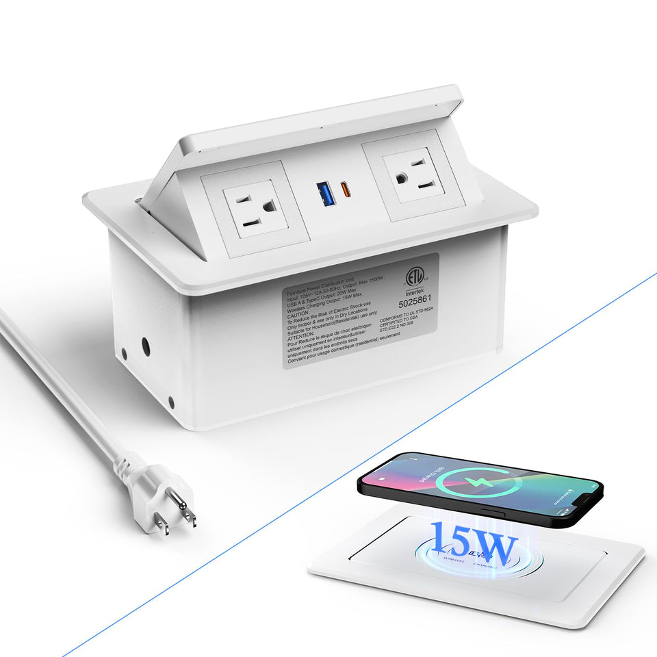 XBA front view of pop up outlet showing clean recessed design and quick access