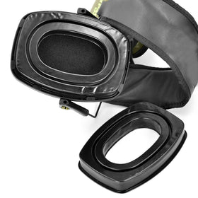 XBERSTAR installed on Howard Leight earmuff showing improved comfort and secure seal benefit