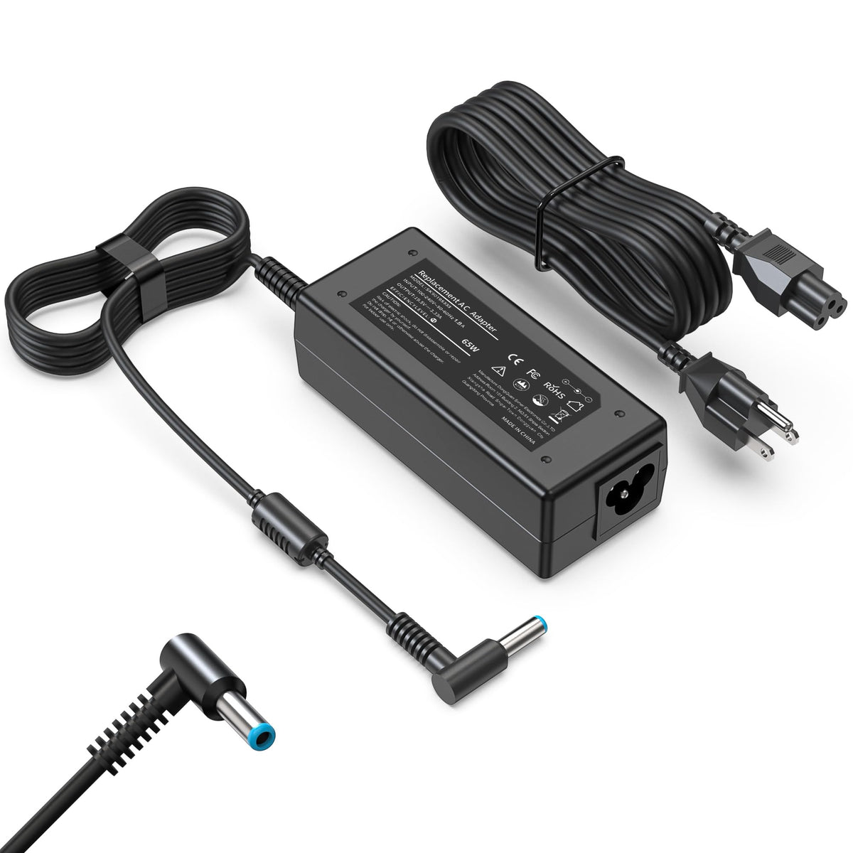 XDOAPKLK 65W blue-tip charger for HP laptops, ideal for on-the-go charging.