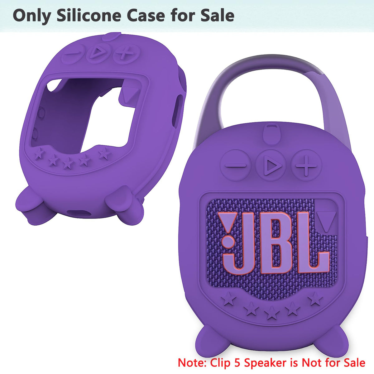 XEGIMOR JBL Clip 5 silicone case side view with accessible controls in purple