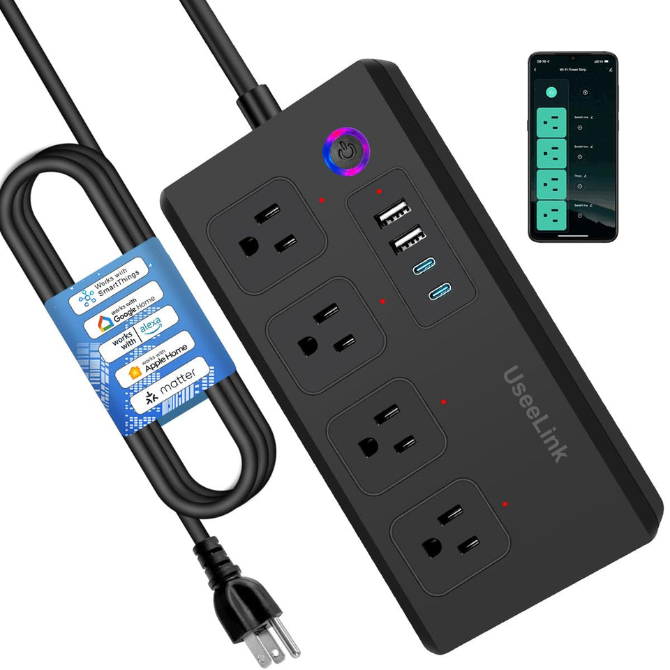 XENON front view of power strip showing four outlets and USB ports for organized charging