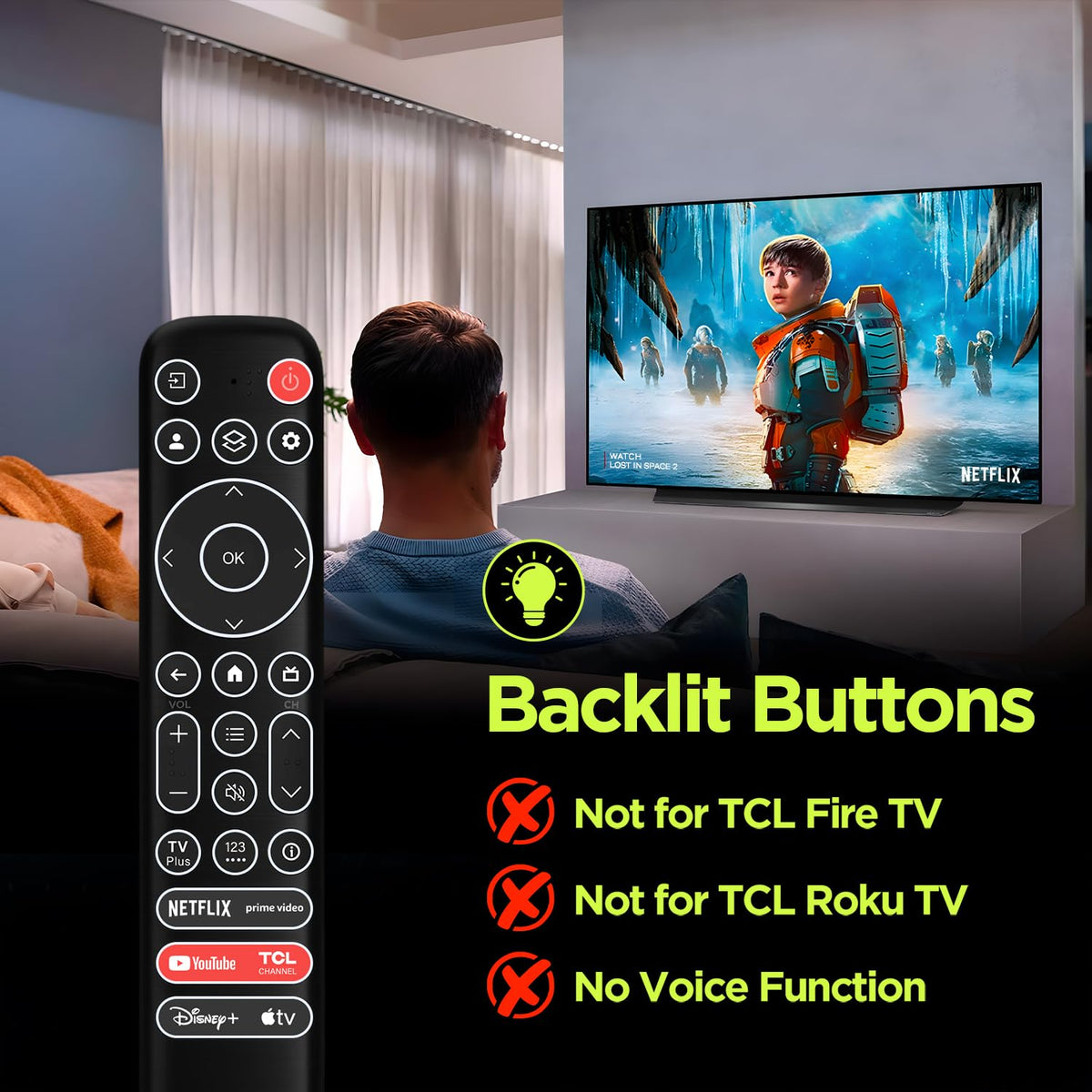 XGBFH remote buttons illuminated demonstrating easy night use benefit