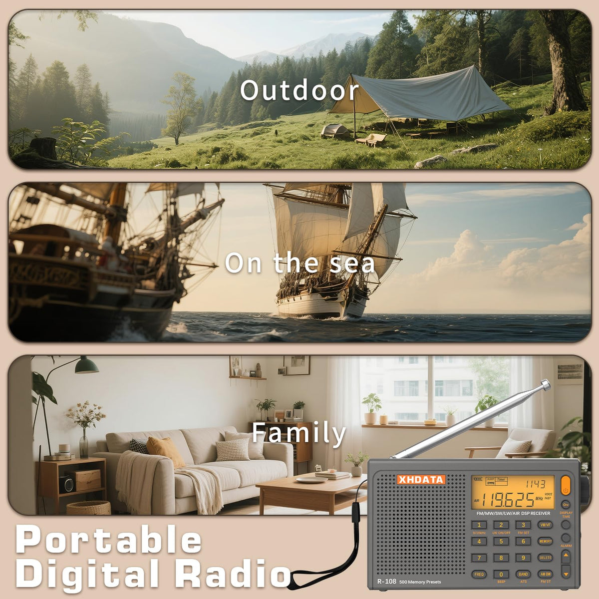 XHDATA R108 included accessories: antenna and USB cable for setup.