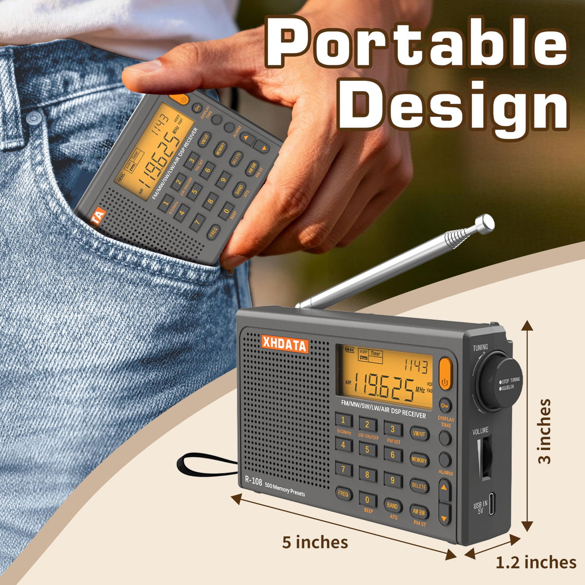 XHDATA R108 control panel with memory and auto-search features for easy station access.
