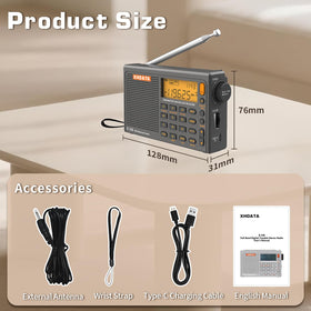 XHDATA R108 earphone jack enabling private listening and reduced ambient noise.