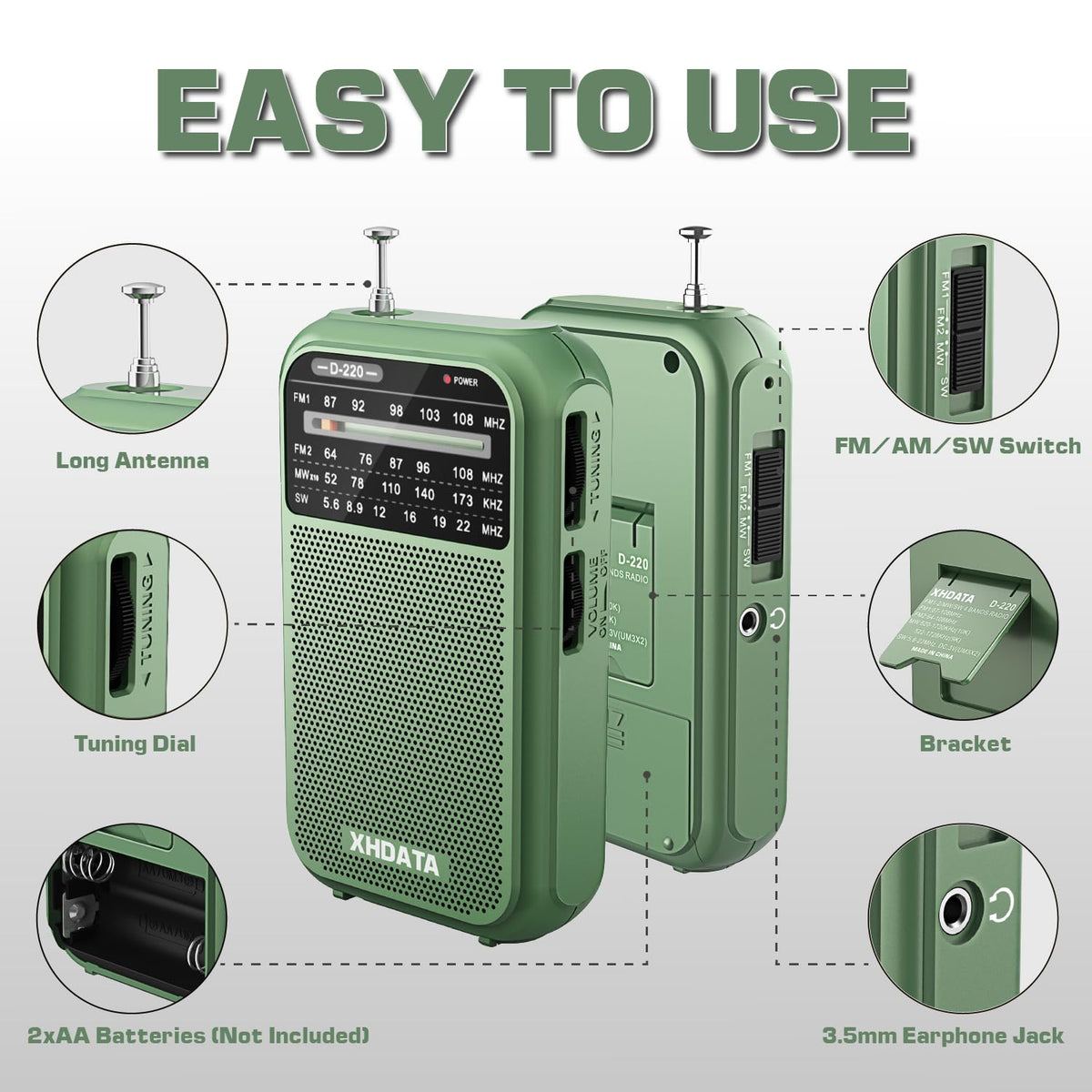 XHDATA D220 battery compartment demonstrates easy AA battery swap.