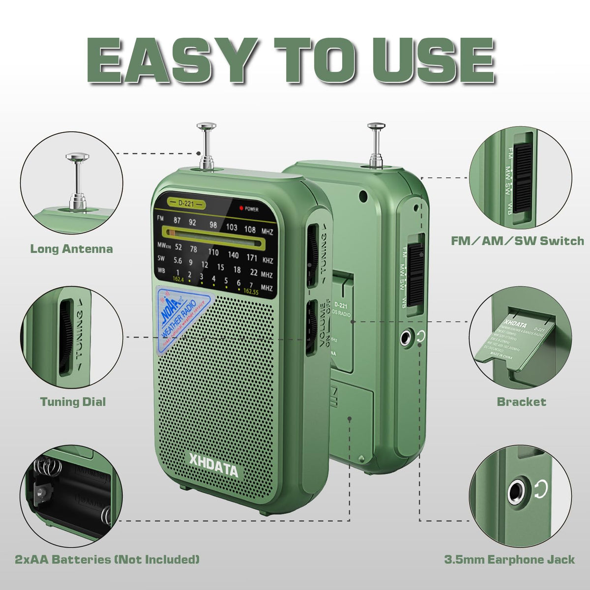 XHDATA D221 battery-powered operation with two AA cells