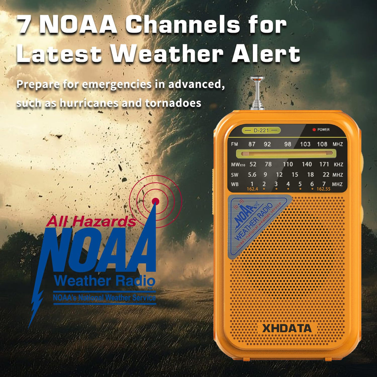 XHDATA D221 compact emergency radio for storm prep and outdoor use.