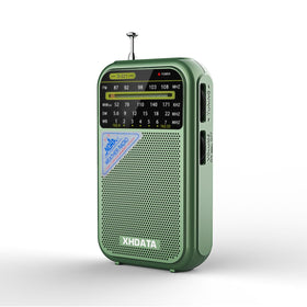 XHDATA D221 compact-size radio in hand for easy travel and access