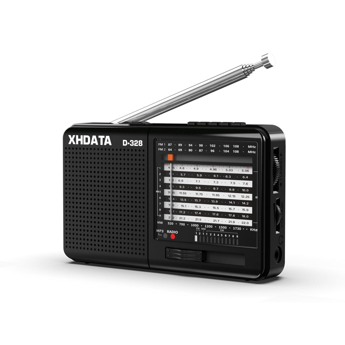 XHDATA D-328 with 360-degree antenna for stable reception at home.