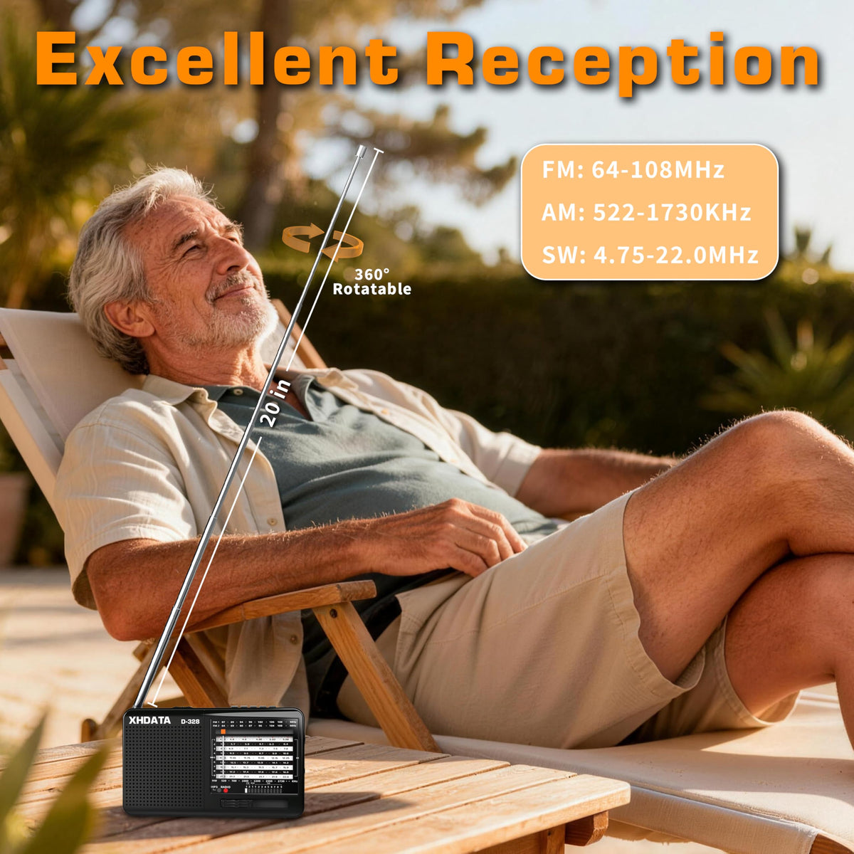 XHDATA D-328 band selector display for AM, FM, and SW listening.
