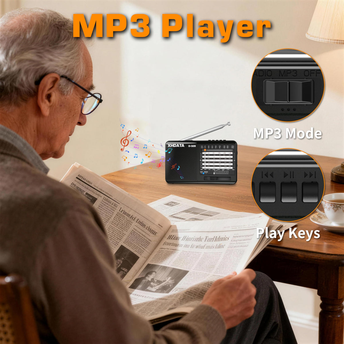 XHDATA D-328 TF card slot for MP3 playback.