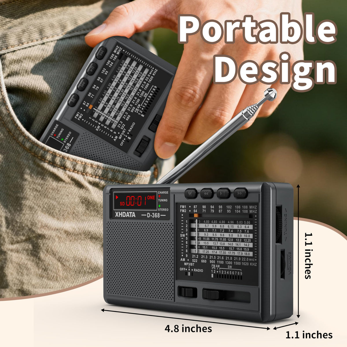 XHDATA D368 Bluetooth speaker mode enables wireless music playback.