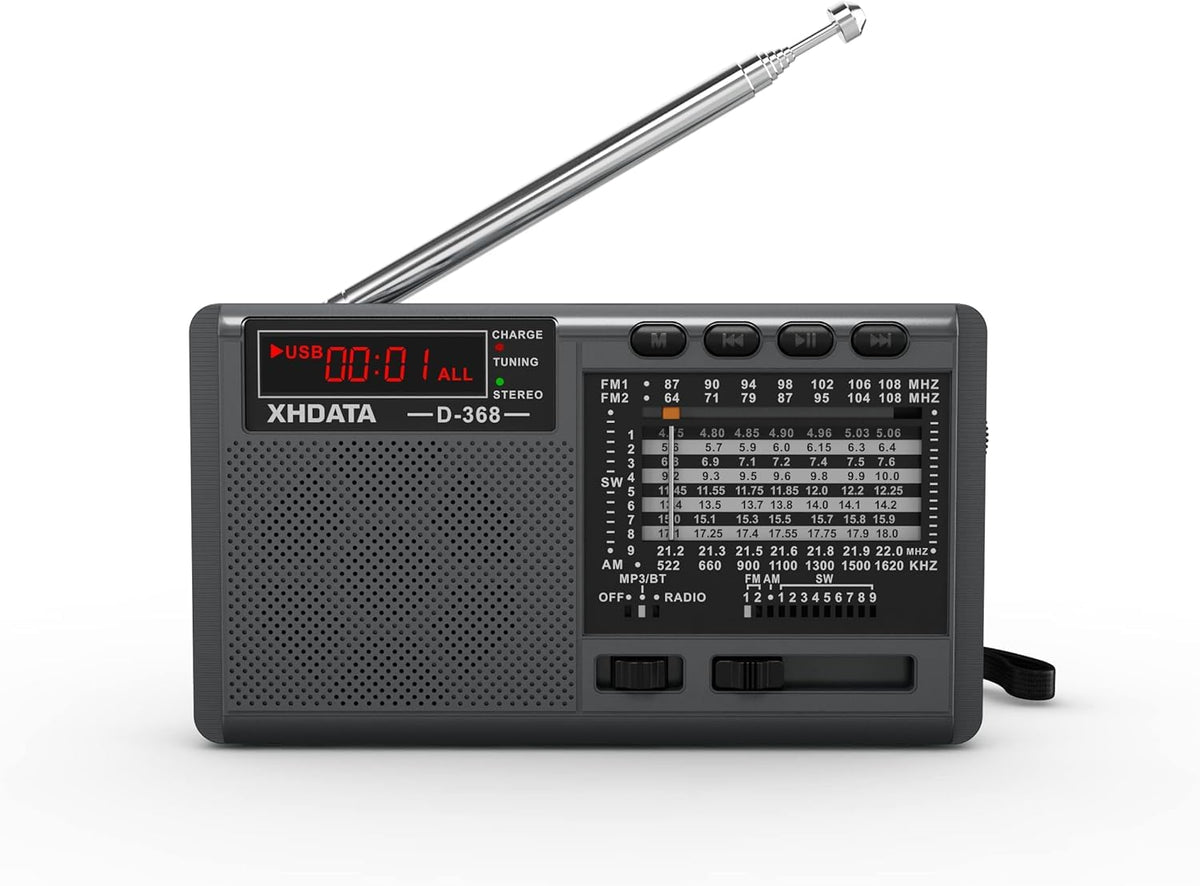 XHDATA D368 portable radio front view highlights compact design for outdoor use.