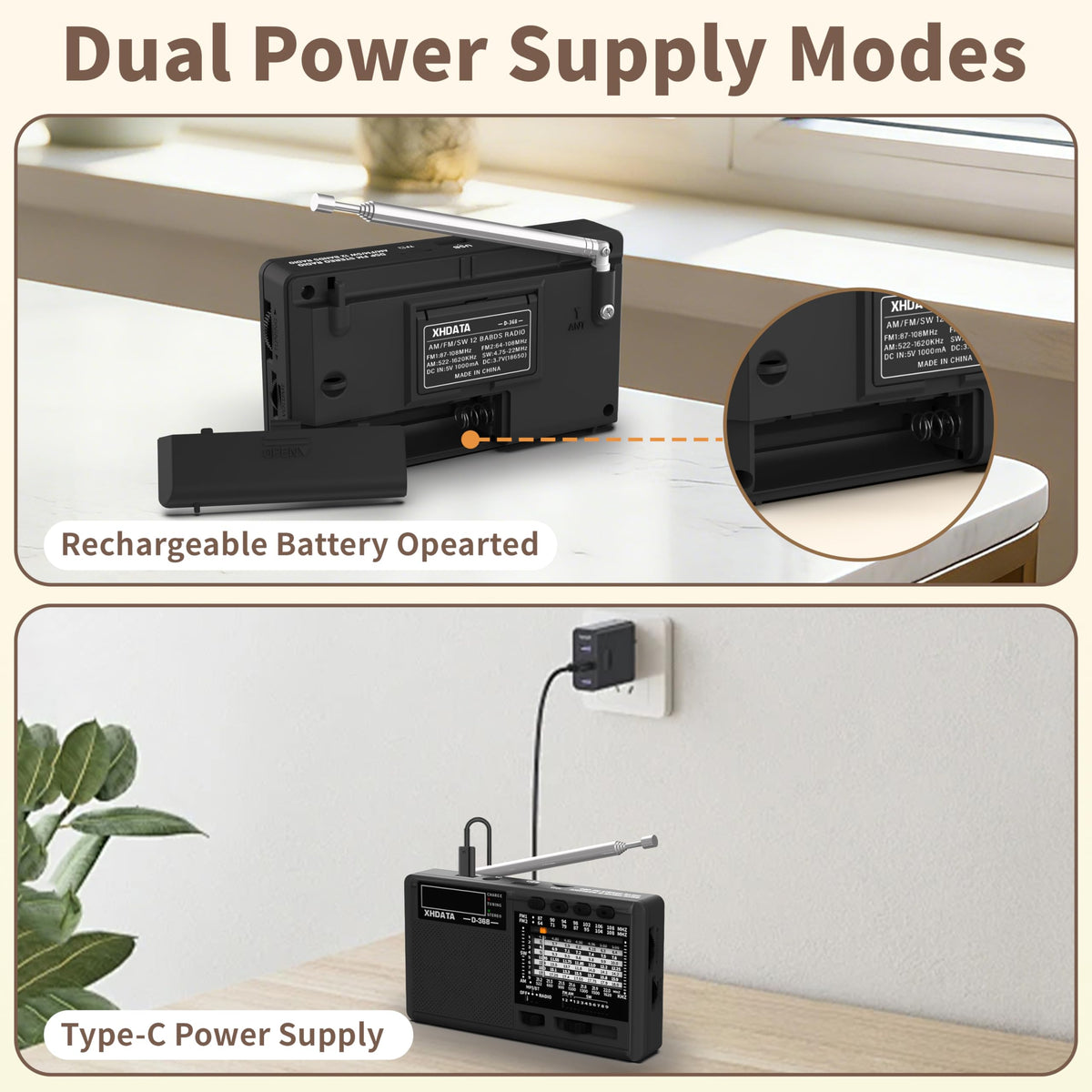 XHDATA D368 replaceable battery powers extended listening sessions.