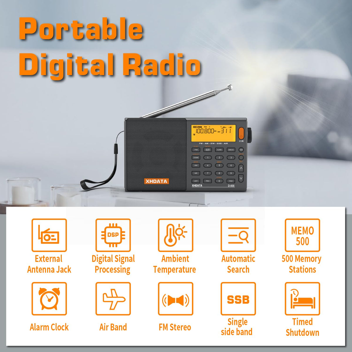 XHDATA D808-control-panel highlights large display and station memories