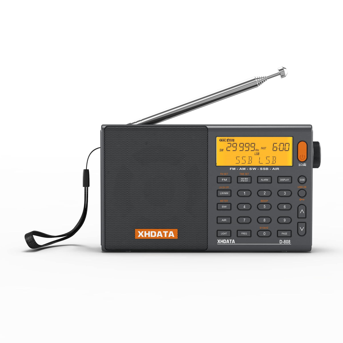 XHDATA D808 display-front shows a bright LCD for easy tuning and clock readout