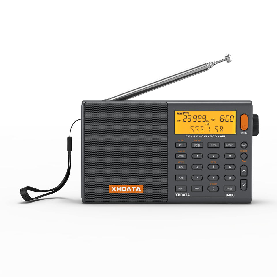 XHDATA D808 display-front shows a bright LCD for easy tuning and clock readout