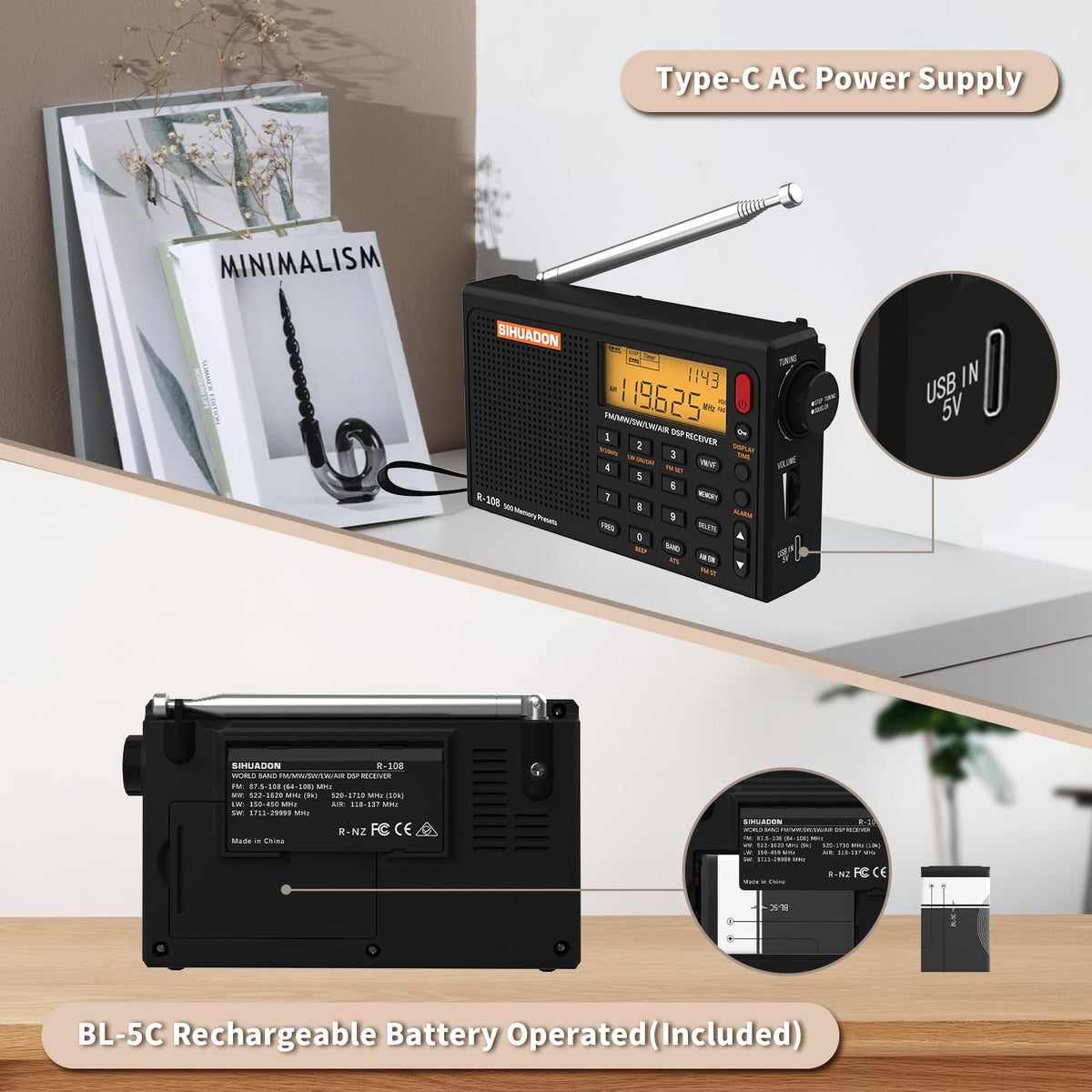 XHDATA R108 control panel for quick tuning and memory.
