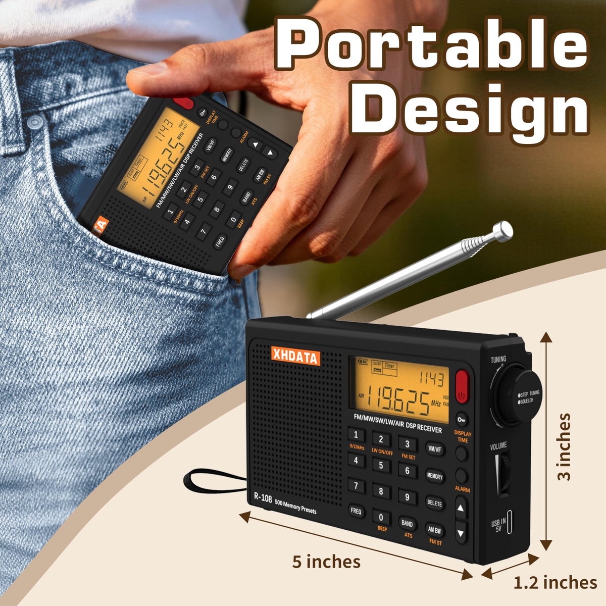 XHDATA R108 DSP reception chip optimizes AM FM SW pickup.