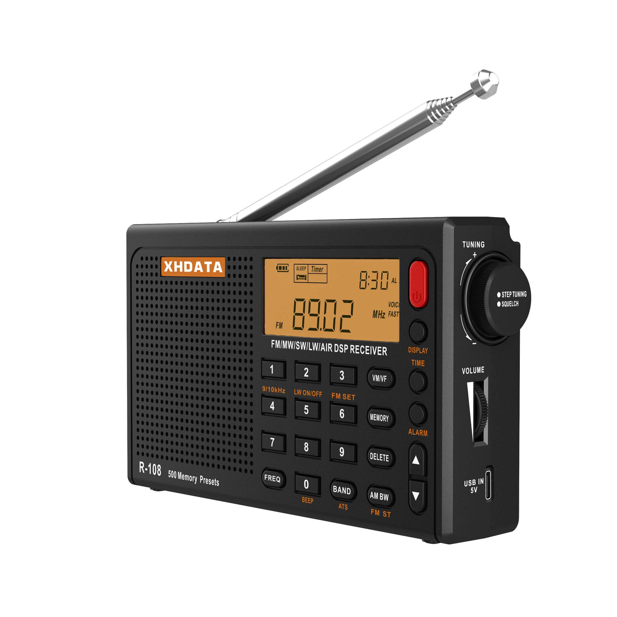 XHDATA R108 front view with external antenna for strong reception.