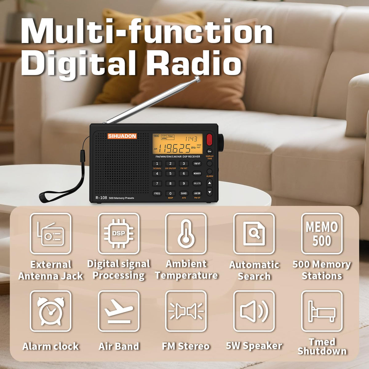 XHDATA R108 LCD display shows signal and temperature.